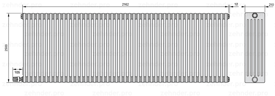 Схема (чертеж) Радиатор Zehnder Charleston 6250/47 №V003 Белый глянцевый RAL 9016